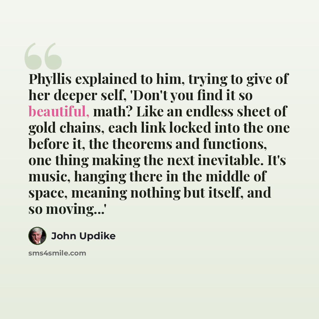 “Phyllis explained to him, trying to give of her deeper self, 'Don't you find it so beautiful, math? Like an endless sheet of gold chains, each link locked into the one before it, the theorems and functions, one thing making the next inevitable. It's music, hanging there in the middle of space…” quote by John Updike
