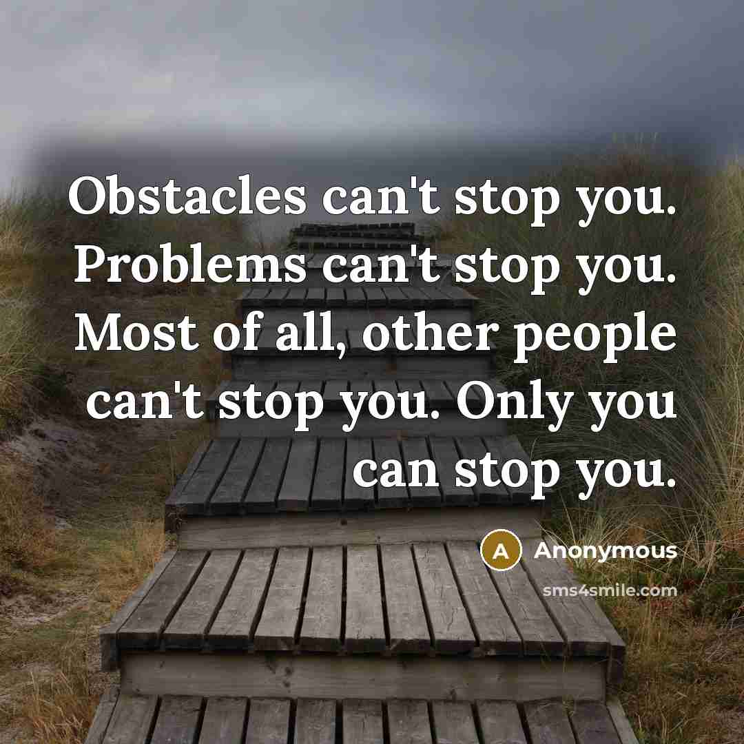 “Obstacles can't stop you. Problems can't stop you. Most of all, other people can't stop you. Only you can stop you.” quote by Anonymous