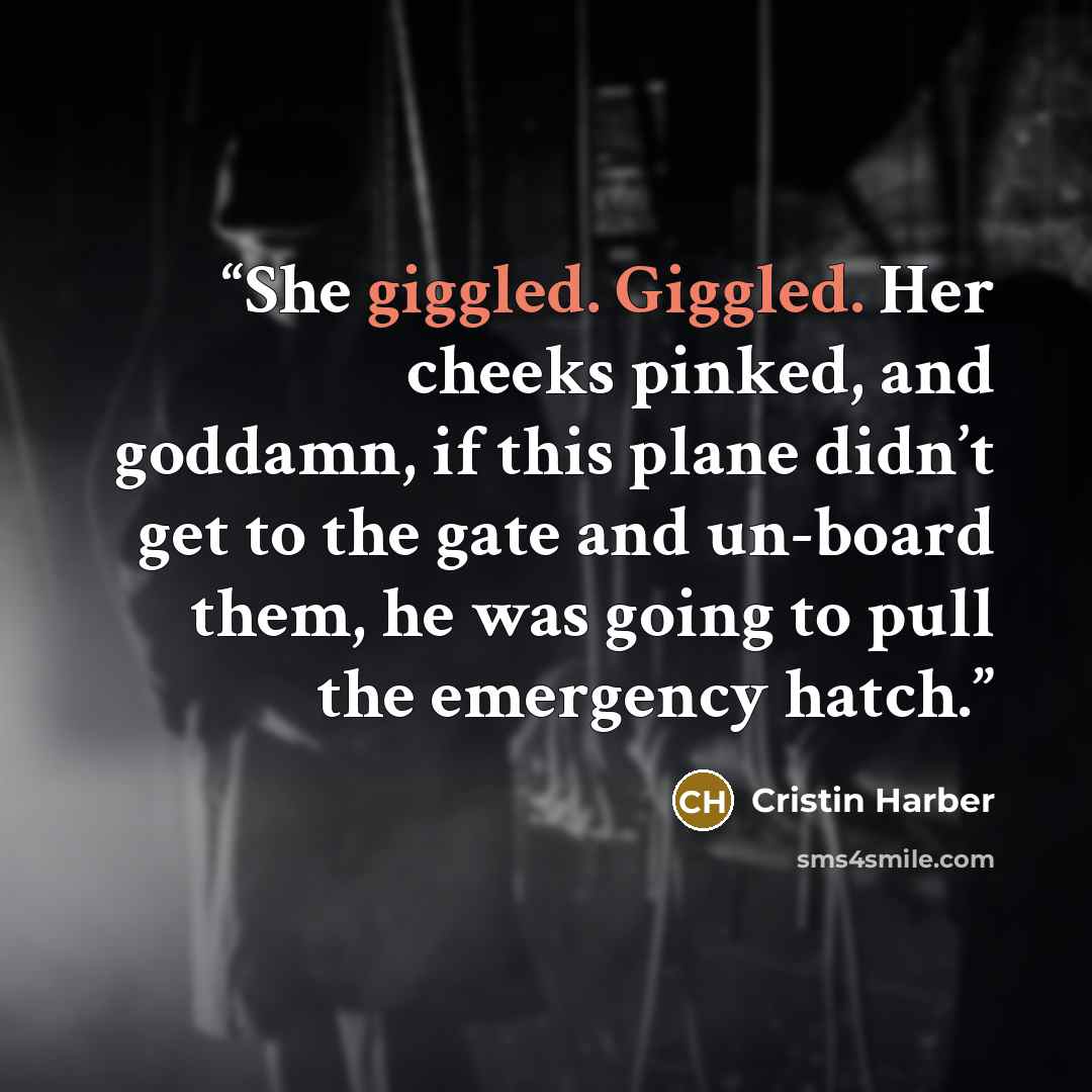 “She giggled. Giggled. Her cheeks pinked, and goddamn, if this plane didn’t get to the gate and un-board them, he was going to pull the emergency hatch.” quote by Cristin Harber