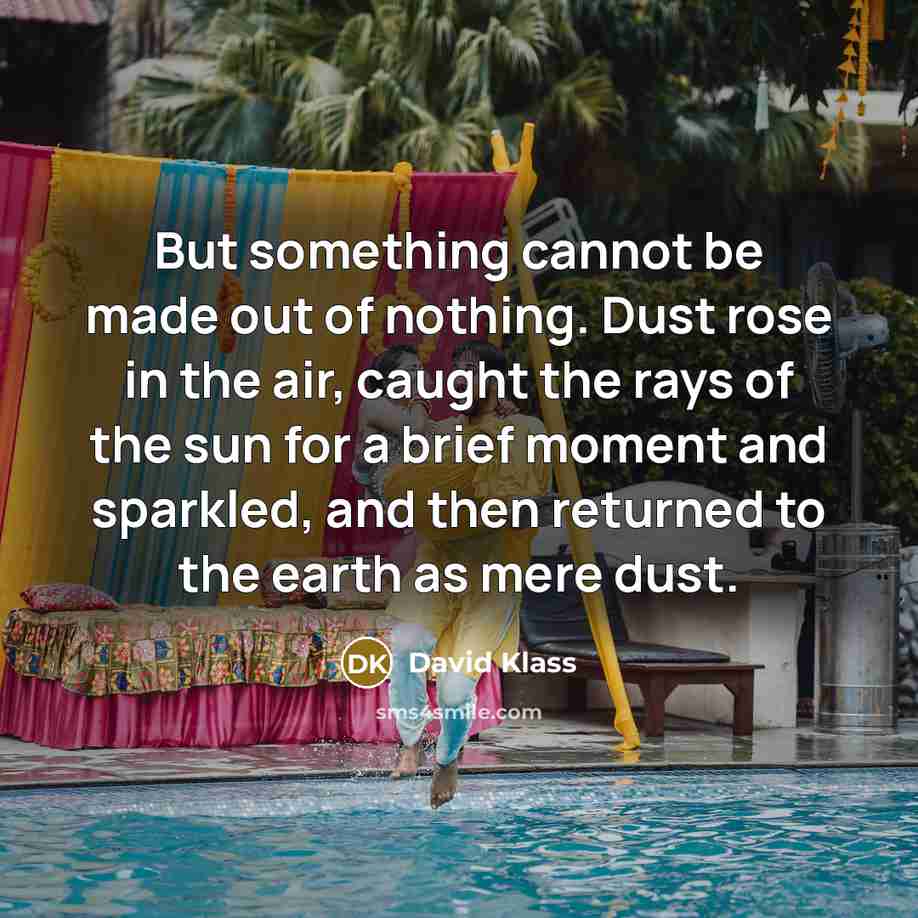 “But something cannot be made out of nothing. Dust rose in the air, caught the rays of the sun for a brief moment and sparkled, and then returned to the earth as mere dust.” quote by David Klass