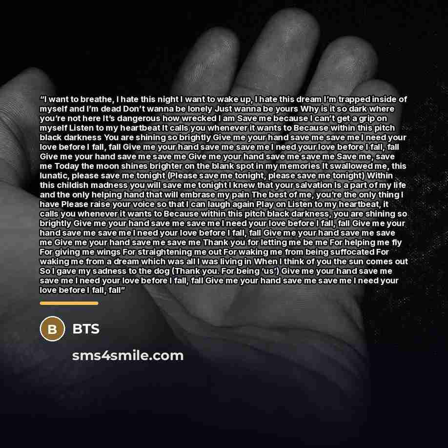 “I want to breathe, I hate this night I want to wake up, I hate this dream I’m trapped inside of myself and I’m dead Don’t wanna be lonely Just wanna be yours Why is it so dark where you’re not here It’s dangerous how wrecked I am Save me because I can’t get a grip on myself Listen to my heartbeat…” quote by BTS