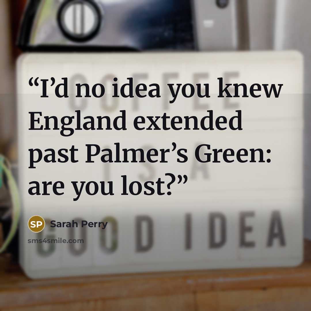 “I’d no idea you knew England extended past Palmer’s Green: are you lost?” quote by Sarah Perry