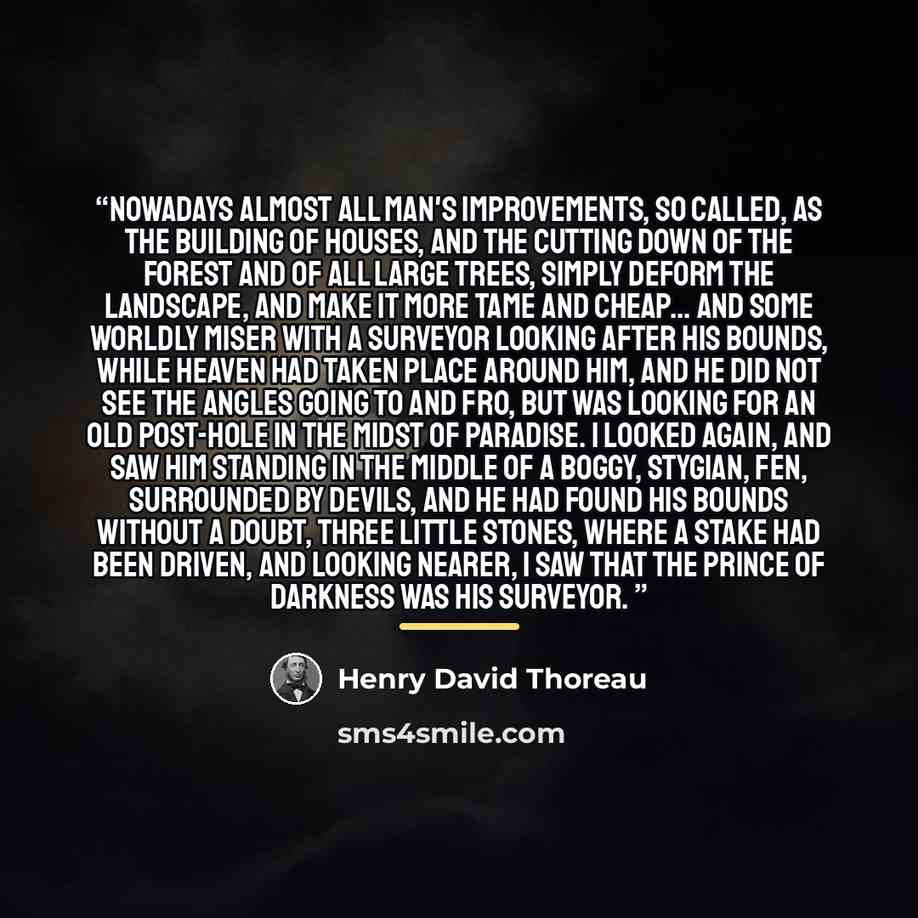 “Nowadays almost all man's improvements, so called, as the building of houses, and the cutting down of the forest and of all large trees, simply deform the landscape, and make it more tame and cheap... and some worldly miser with a surveyor looking after his bounds, while heaven had taken place…” quote by Henry David Thoreau