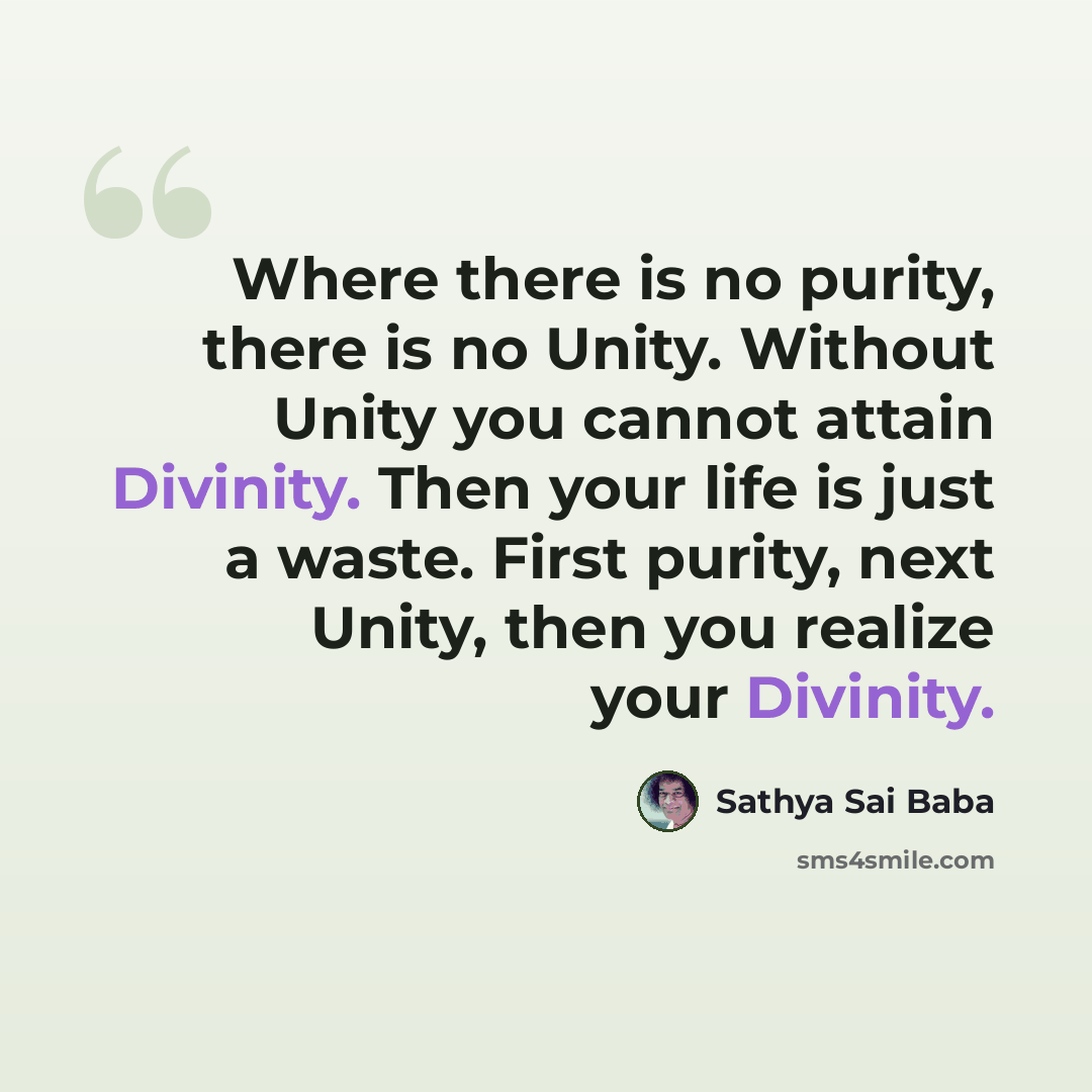“Where there is no purity, there is no Unity. Without Unity you cannot attain Divinity. Then your life is just a waste. First purity, next Unity, then you realize your Divinity.” quote by Sathya Sai Baba