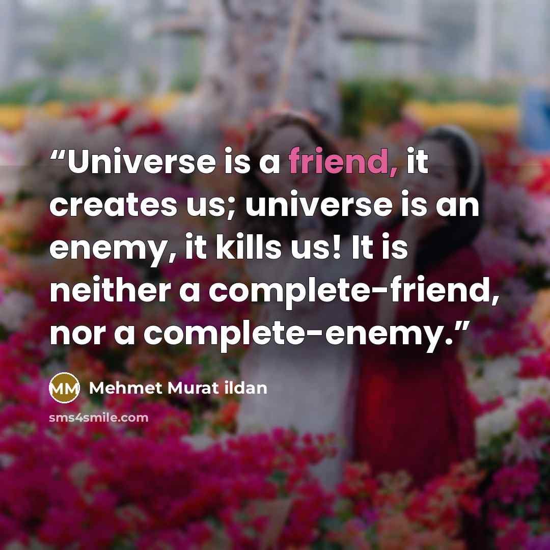 “Universe is a friend, it creates us; universe is an enemy, it kills us! It is neither a complete-friend, nor a complete-enemy.” quote by Mehmet Murat ildan
