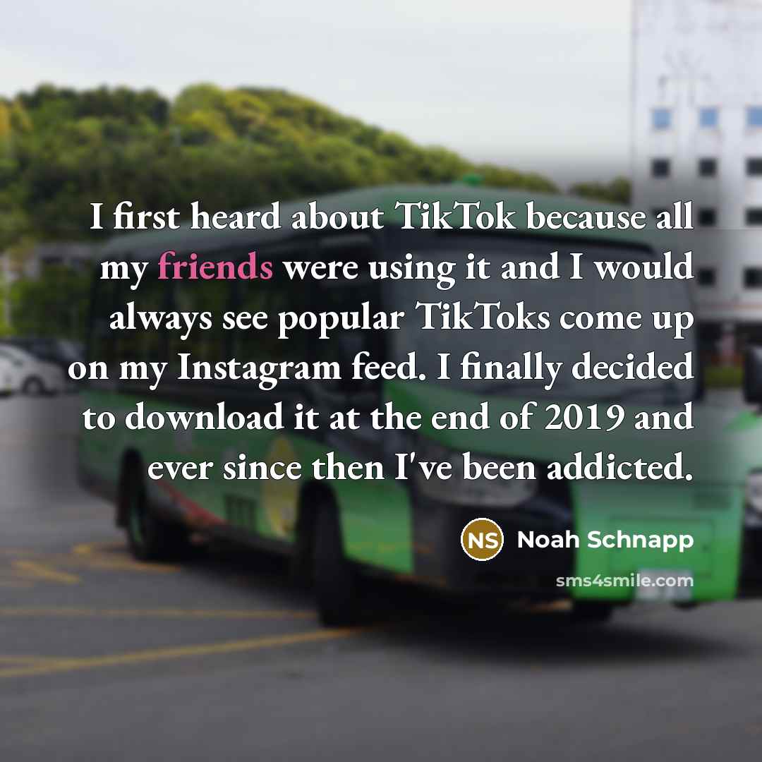 “I first heard about TikTok because all my friends were using it and I would always see popular TikToks come up on my Instagram feed. I finally decided to download it at the end of 2019 and ever since then I've been addicted.” quote by Noah Schnapp