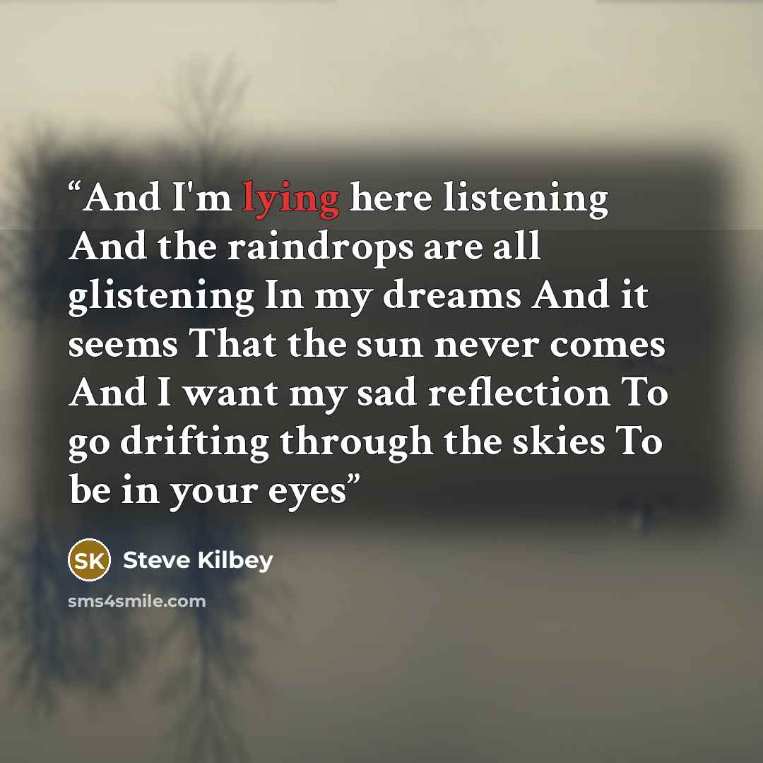 “And I'm lying here listening And the raindrops are all glistening In my dreams And it seems That the sun never comes And I want my sad reflection To go drifting through the skies To be in your eyes” quote by Steve Kilbey