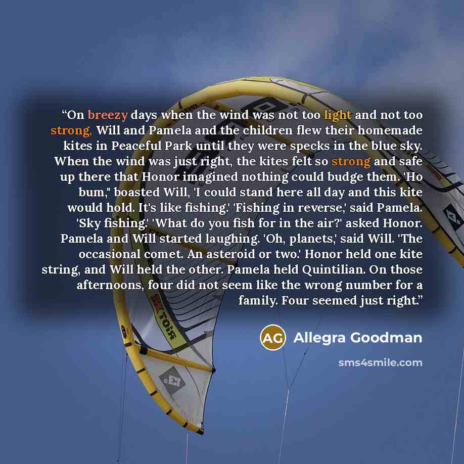 “On breezy days when the wind was not too light and not too strong, Will and Pamela and the children flew their homemade kites in Peaceful Park until they were specks in the blue sky. When the wind was just right, the kites felt so strong and safe up there that Honor imagined nothing could budge…” quote by Allegra Goodman