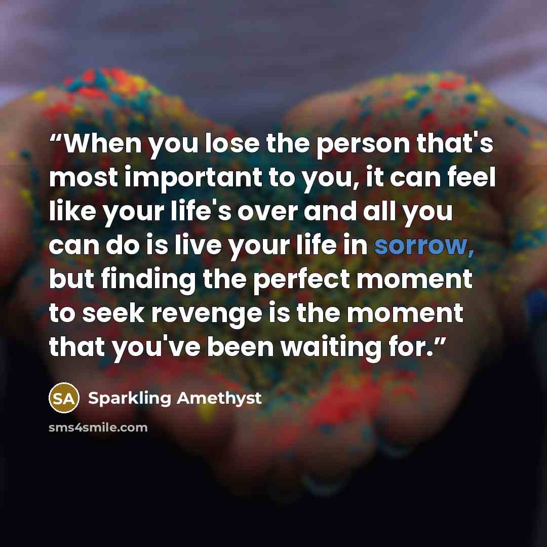 “When you lose the person that's most important to you, it can feel like your life's over and all you can do is live your life in sorrow, but finding the perfect moment to seek revenge is the moment that you've been waiting for.” quote by Sparkling Amethyst