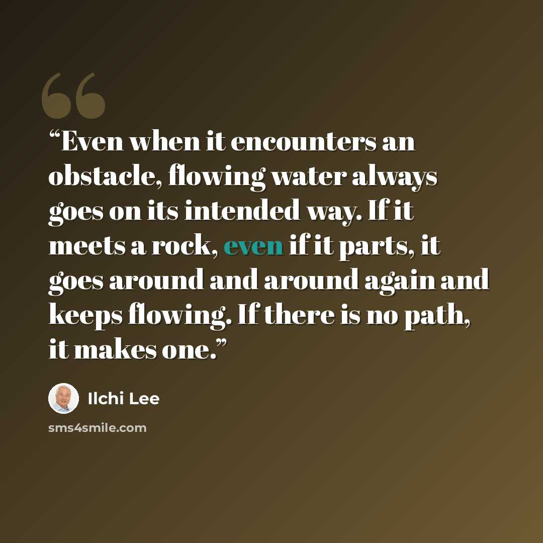 “Even when it encounters an obstacle, flowing water always goes on its intended way. If it meets a rock, even if it parts, it goes around and around again and keeps flowing. If there is no path, it makes one.” quote by Ilchi Lee