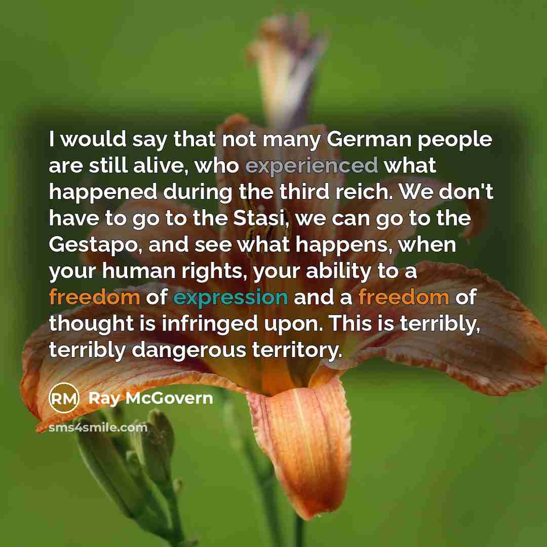 “I would say that not many German people are still alive, who experienced what happened during the third reich. We don't have to go to the Stasi, we can go to the Gestapo, and see what happens, when your human rights, your ability to a freedom of expression and a freedom of thought is infringed…” quote by Ray McGovern