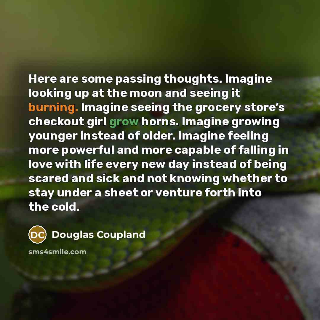 “Here are some passing thoughts. Imagine looking up at the moon and seeing it burning. Imagine seeing the grocery store’s checkout girl grow horns. Imagine growing younger instead of older. Imagine feeling more powerful and more capable of falling in love with life every new day instead of being…” quote by Douglas Coupland
