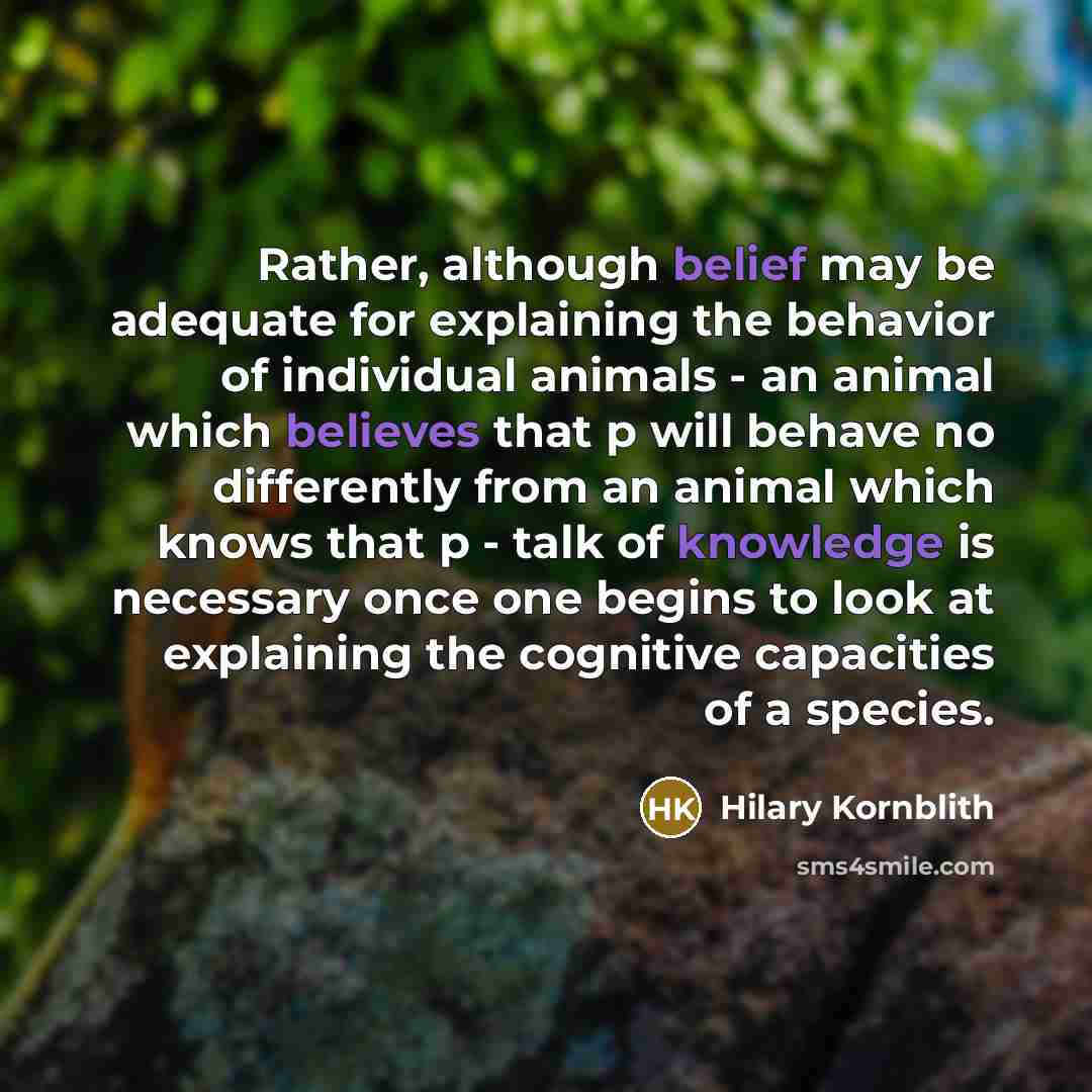 “Rather, although belief may be adequate for explaining the behavior of individual animals - an animal which believes that p will behave no differently from an animal which knows that p - talk of knowledge is necessary once one begins to look at explaining the cognitive capacities of a species.” quote by Hilary Kornblith