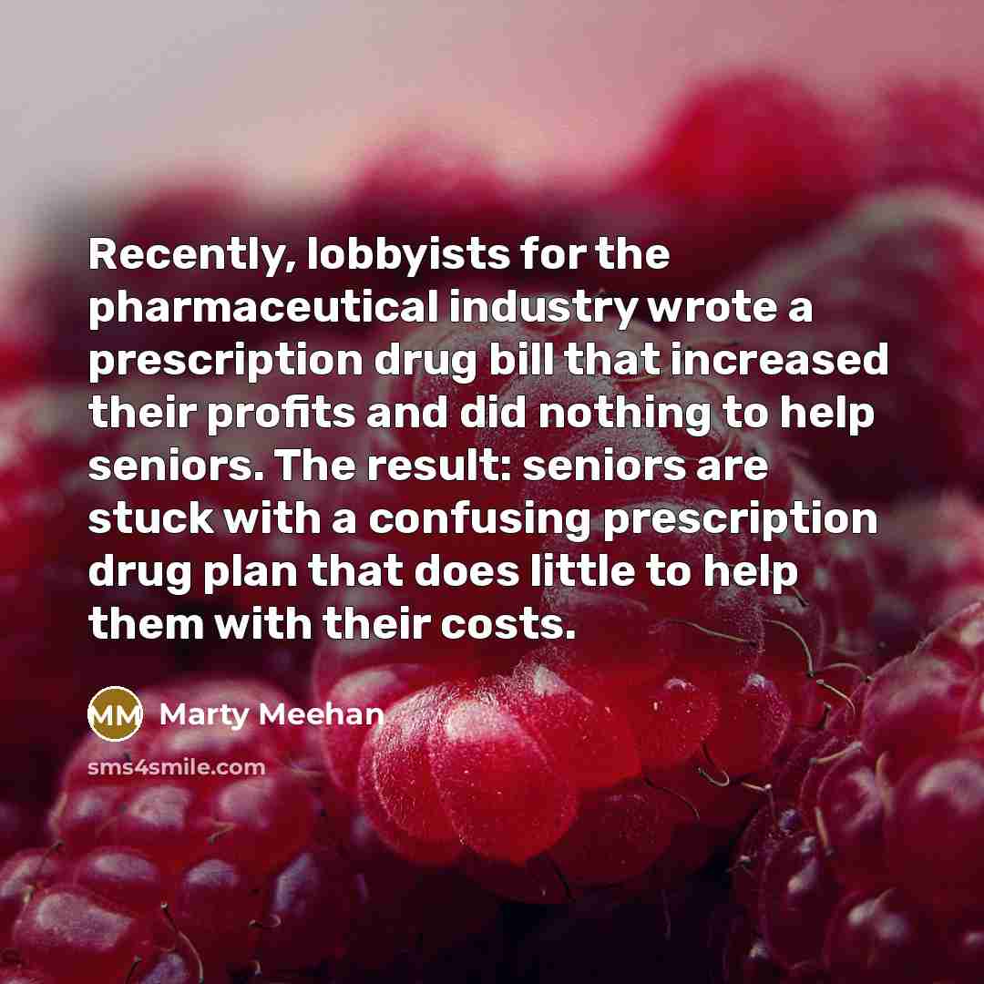 “Recently, lobbyists for the pharmaceutical industry wrote a prescription drug bill that increased their profits and did nothing to help seniors. The result: seniors are stuck with a confusing prescription drug plan that does little to help them with their costs.” quote by Marty Meehan