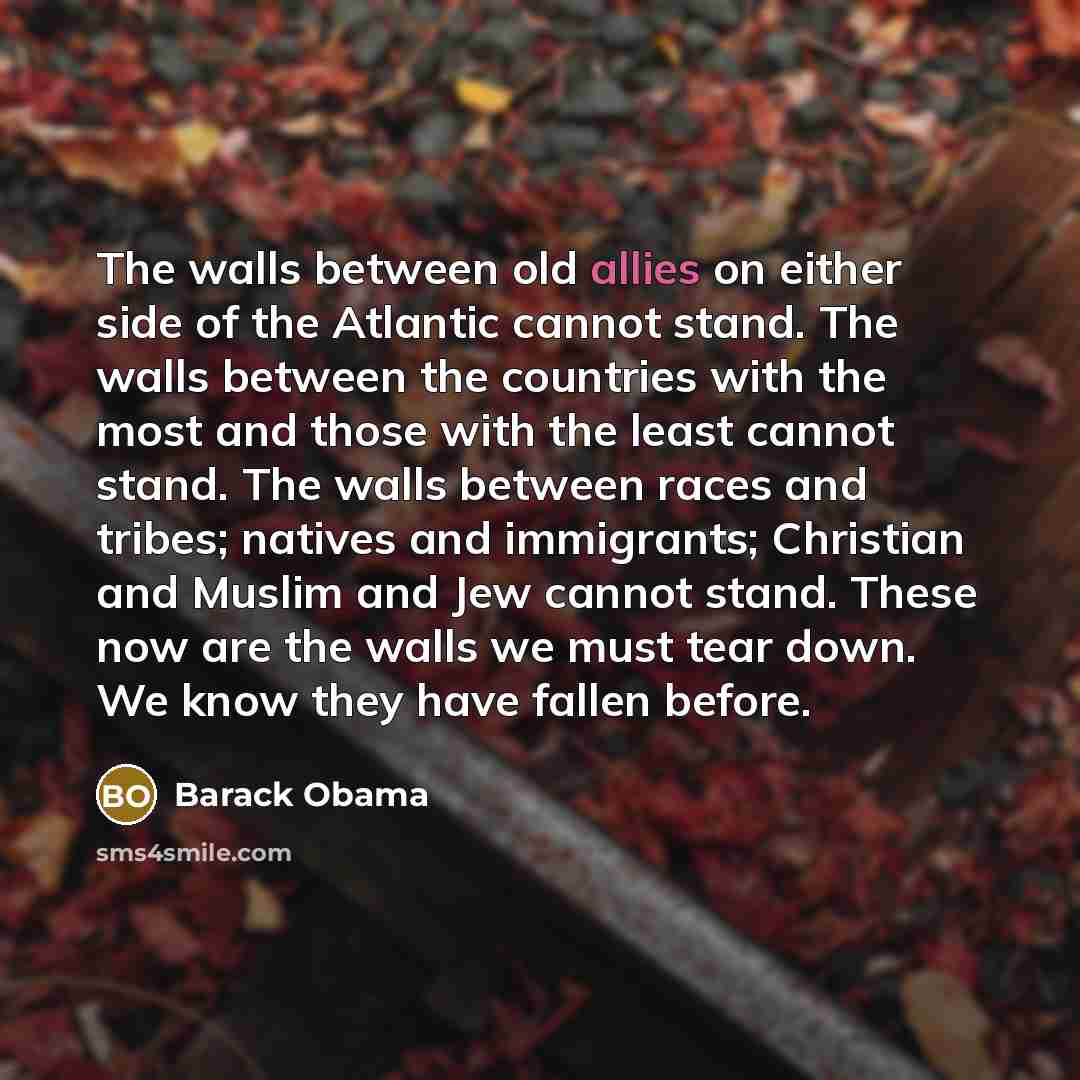 “The walls between old allies on either side of the Atlantic cannot stand. The walls between the countries with the most and those with the least cannot stand. The walls between races and tribes; natives and immigrants; Christian and Muslim and Jew cannot stand. These now are the walls we must tear…” quote by Barack Obama