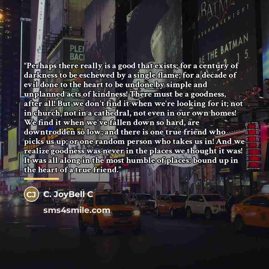 “Perhaps there really is a good that exists; for a century of darkness to be eschewed by a single flame; for a decade of evil done to the heart to be undone by simple and unplanned acts of kindness! There must be a goodness, after all! But we don't find it when we're looking for it; not in church…” quote by C. JoyBell C