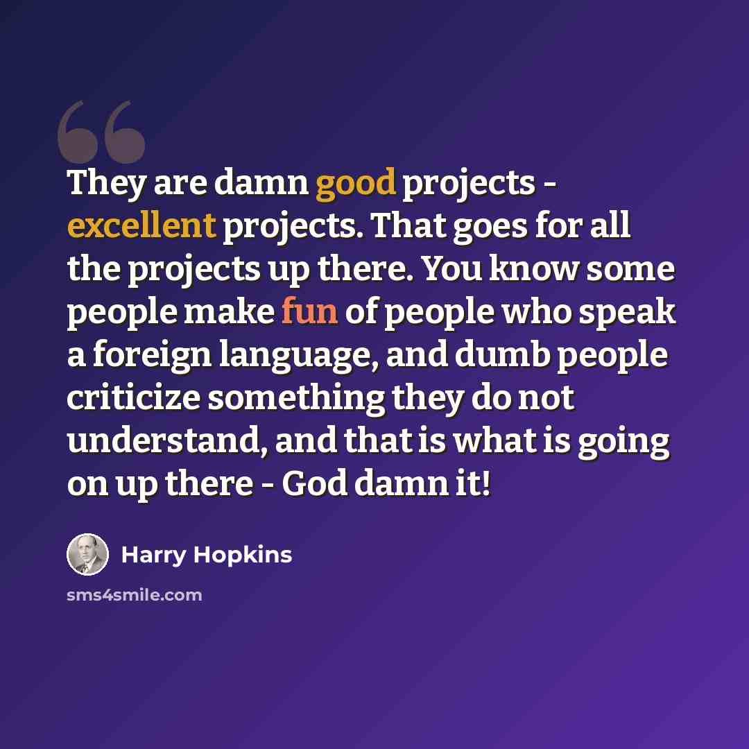 “They are damn good projects - excellent projects. That goes for all the projects up there. You know some people make fun of people who speak a foreign language, and dumb people criticize something they do not understand, and that is what is going on up there - God damn it!” quote by Harry Hopkins