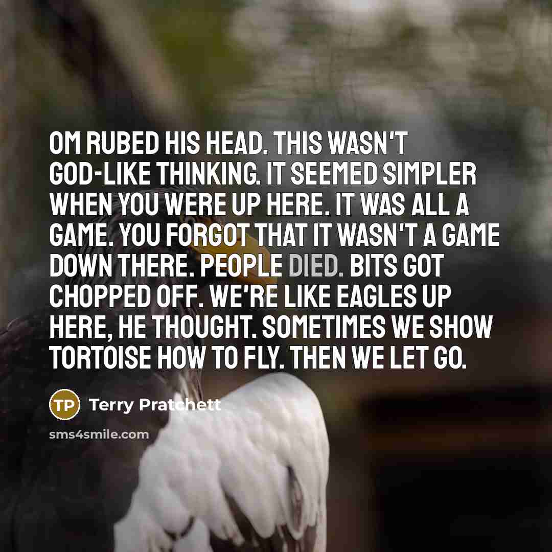 “Om rubed his head. This wasn't god-like thinking. It seemed simpler when you were up here. It was all a game. You forgot that it wasn't a game down there. People died. Bits got chopped off. We're like eagles up here, he thought. Sometimes we show tortoise how to fly. Then we let go.” quote by Terry Pratchett