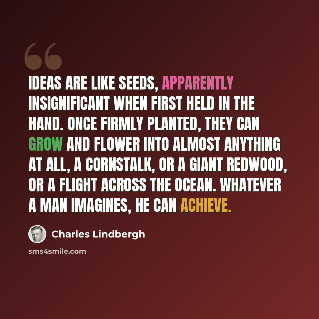 “Ideas are like seeds, apparently insignificant when first held in the hand. Once firmly planted, they can grow and flower into almost anything at all, a cornstalk, or a giant redwood, or a flight across the ocean. Whatever a man imagines, he can achieve.” quote by Charles Lindbergh