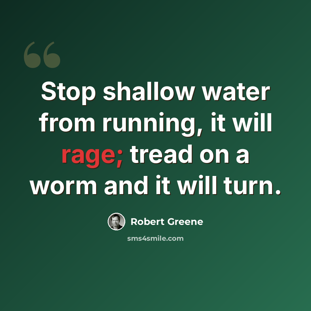 “Stop shallow water from running, it will rage; tread on a worm and it will turn.” quote by Robert Greene