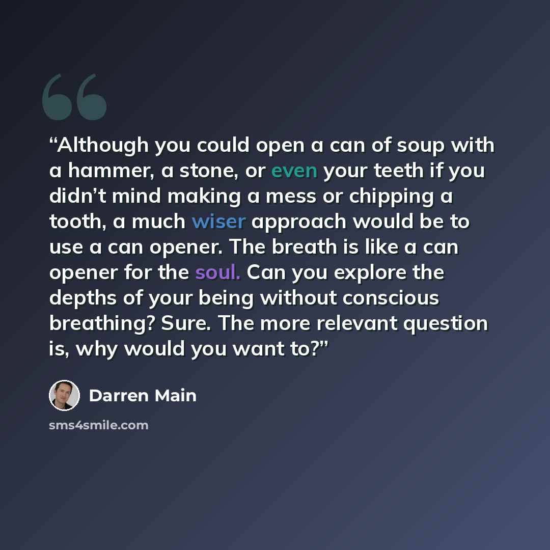 “Although you could open a can of soup with a hammer, a stone, or even your teeth if you didn’t mind making a mess or chipping a tooth, a much wiser approach would be to use a can opener. The breath is like a can opener for the soul. Can you explore the depths of your being without conscious…” quote by Darren Main