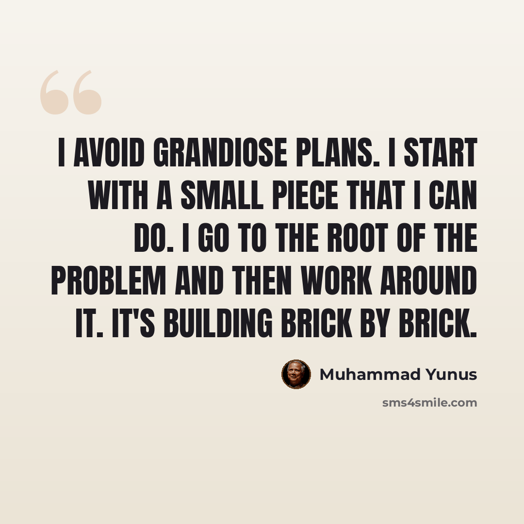 “I avoid grandiose plans. I start with a small piece that I can do. I go to the root of the problem and then work around it. It's building brick by brick.” quote by Muhammad Yunus
