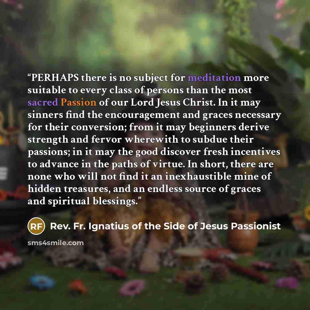 “PERHAPS there is no subject for meditation more suitable to every class of persons than the most sacred Passion of our Lord Jesus Christ. In it may sinners find the encouragement and graces necessary for their conversion; from it may beginners derive strength and fervor wherewith to subdue their…” quote by Rev. Fr. Ignatius of the Side of Jesus Passionist