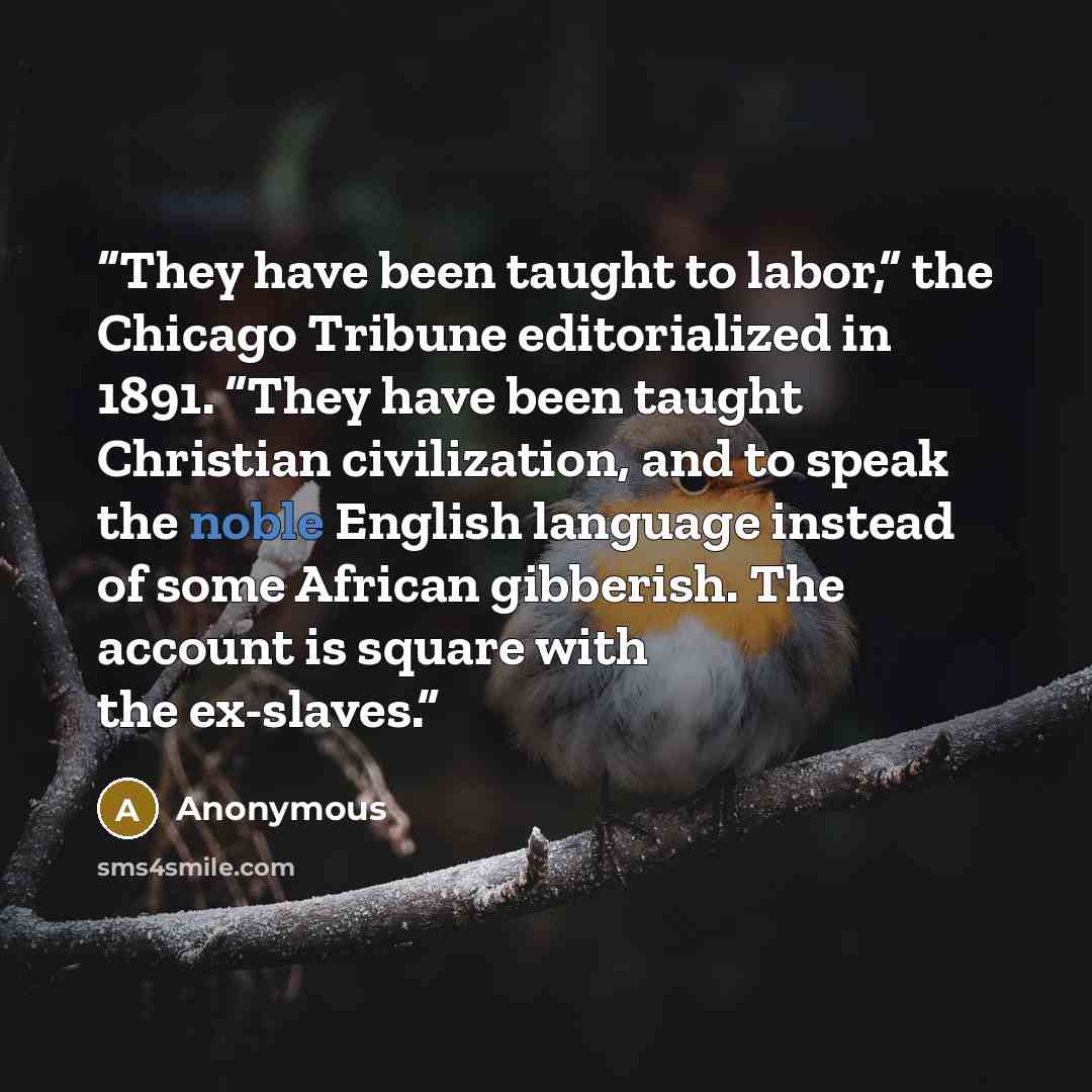 “They have been taught to labor,” the Chicago Tribune editorialized in 1891. “They have been taught Christian civilization, and to speak the noble English language instead of some African gibberish. The account is square with the ex-slaves.” quote by Anonymous