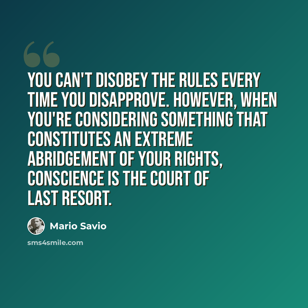 “You can't disobey the rules every time you disapprove. However, when you're considering something that constitutes an extreme abridgement of your rights, conscience is the court of last resort.” quote by Mario Savio