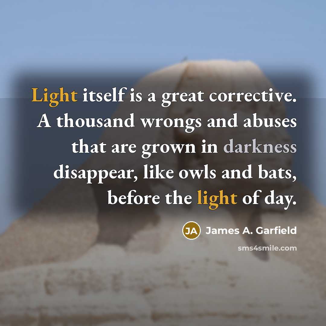 “Light itself is a great corrective. A thousand wrongs and abuses that are grown in darkness disappear, like owls and bats, before the light of day.” quote by James A. Garfield