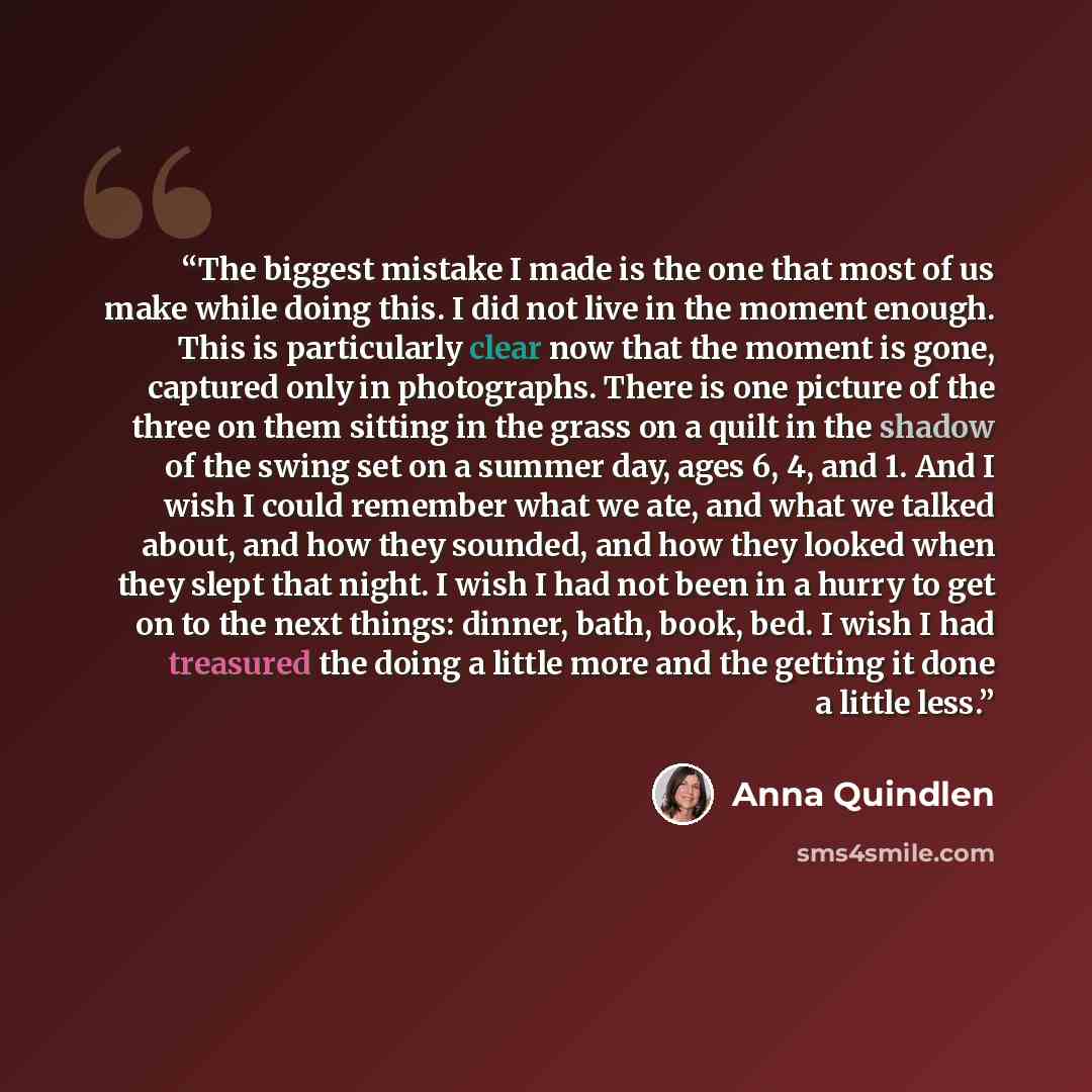 “The biggest mistake I made is the one that most of us make while doing this. I did not live in the moment enough. This is particularly clear now that the moment is gone, captured only in photographs. There is one picture of the three on them sitting in the grass on a quilt in the shadow of the…” quote by Anna Quindlen