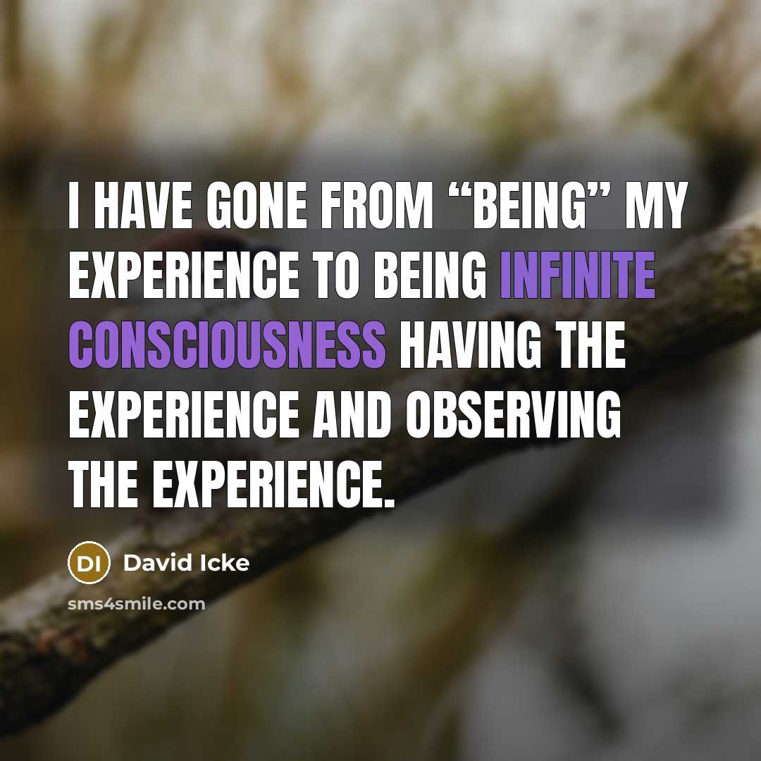 “I have gone from “being” my experience to being infinite consciousness having the experience and observing the experience.” quote by David Icke