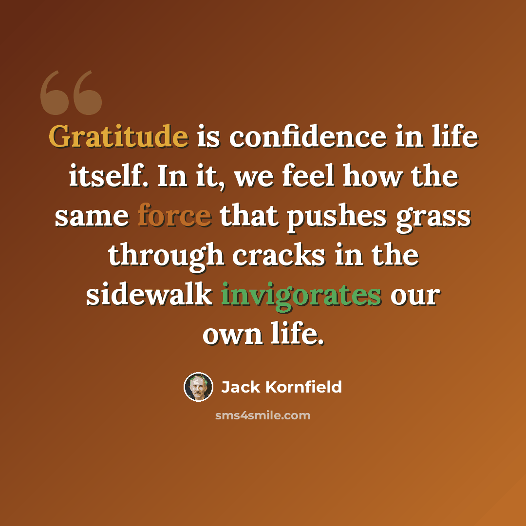 “Gratitude is confidence in life itself. In it, we feel how the same force that pushes grass through cracks in the sidewalk invigorates our own life.” quote by Jack Kornfield