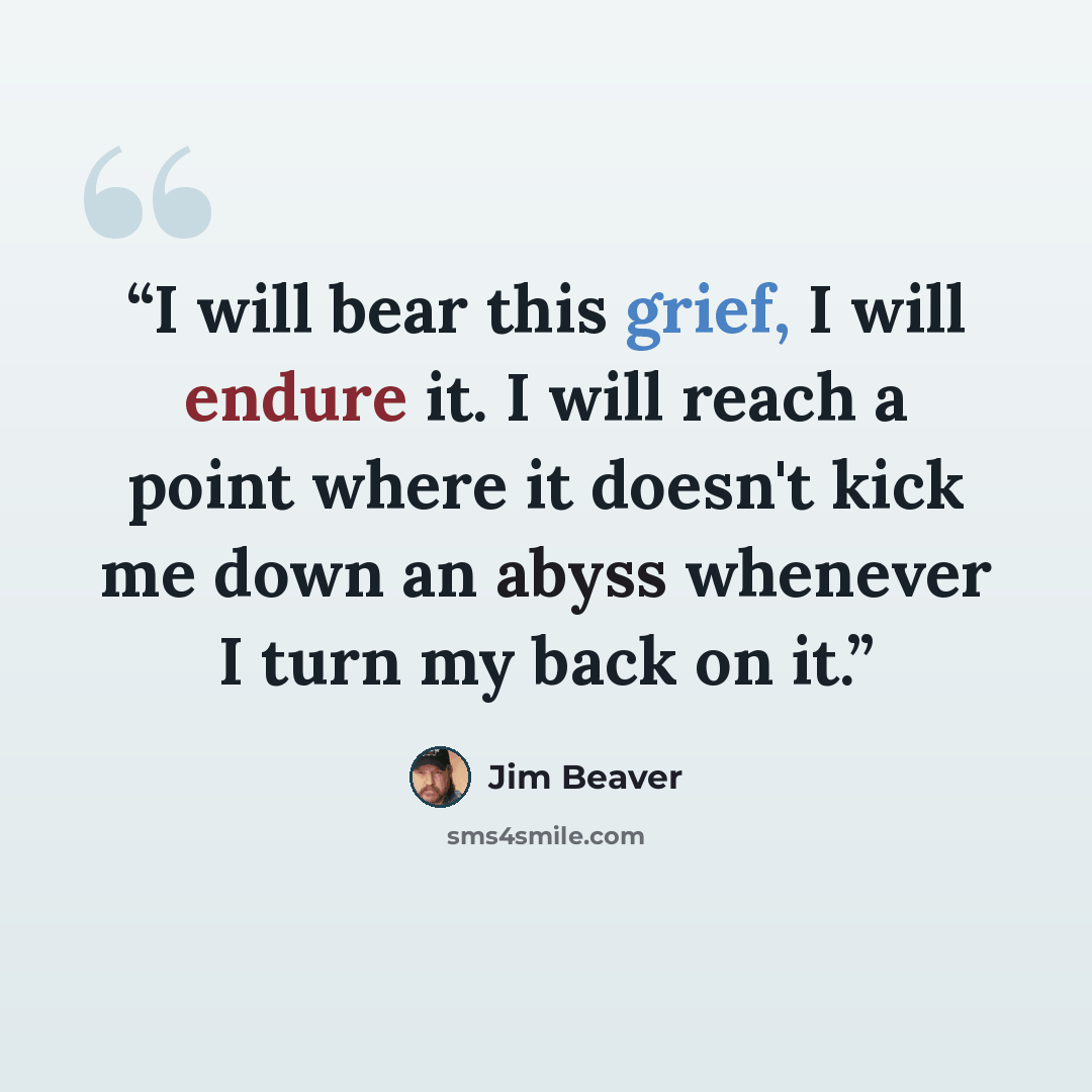 “I will bear this grief, I will endure it. I will reach a point where it doesn't kick me down an abyss whenever I turn my back on it.” quote by Jim Beaver