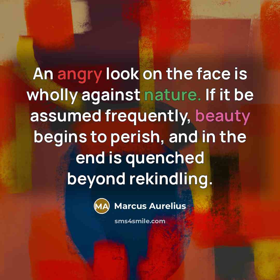 “An angry look on the face is wholly against nature. If it be assumed frequently, beauty begins to perish, and in the end is quenched beyond rekindling.” quote by Marcus Aurelius