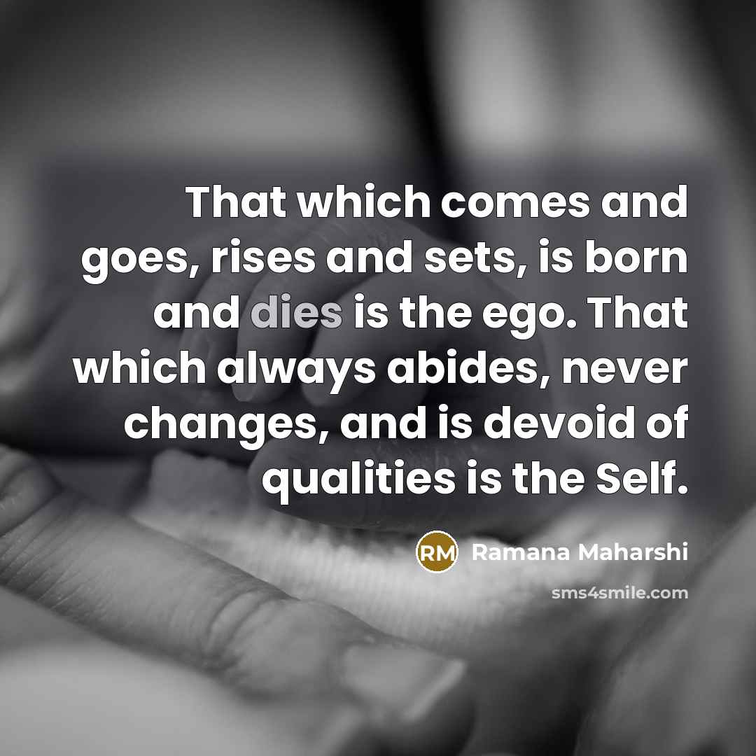“That which comes and goes, rises and sets, is born and dies is the ego. That which always abides, never changes, and is devoid of qualities is the Self.” quote by Ramana Maharshi