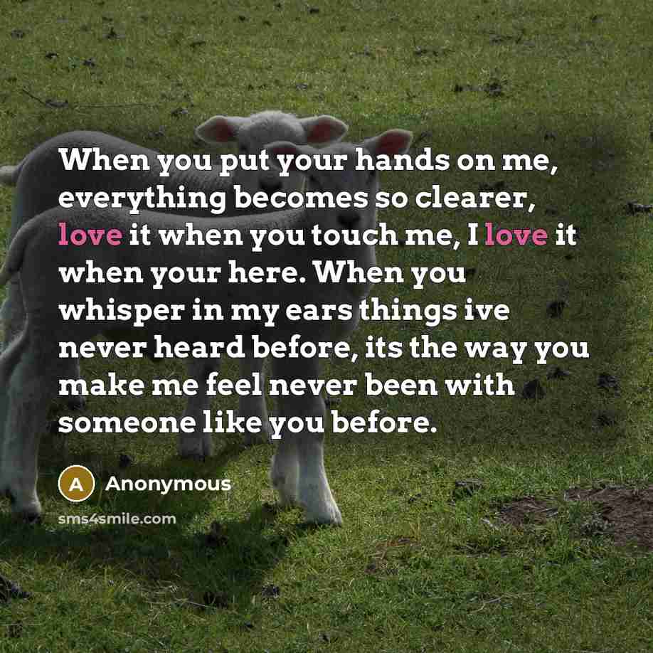 “When you put your hands on me, everything becomes so clearer, love it when you touch me, I love it when your here. When you whisper in my ears things ive never heard before, its the way you make me feel never been with someone like you before.” quote by Anonymous