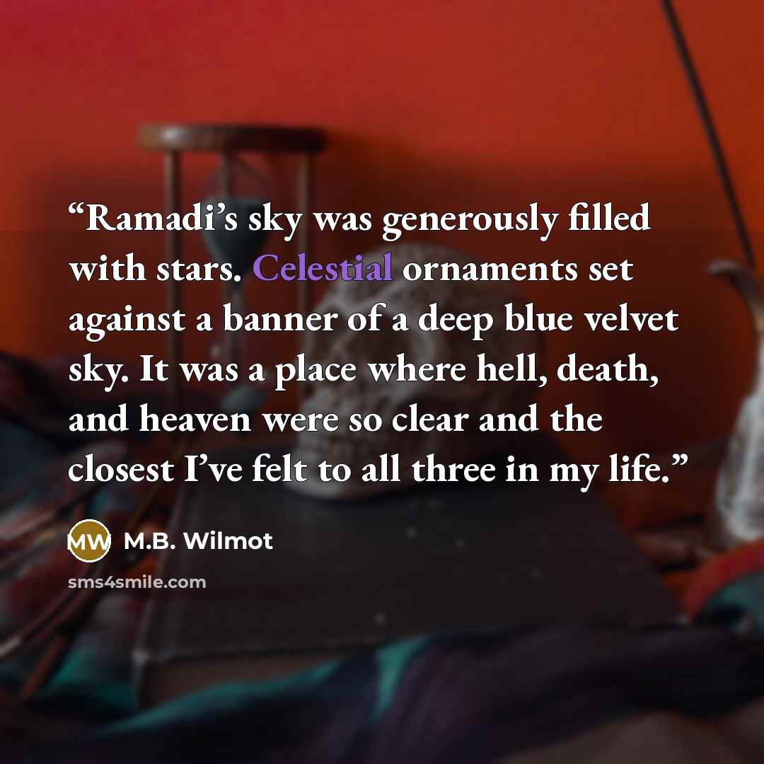 “Ramadi’s sky was generously filled with stars. Celestial ornaments set against a banner of a deep blue velvet sky. It was a place where hell, death, and heaven were so clear and the closest I’ve felt to all three in my life.” quote by M.B. Wilmot