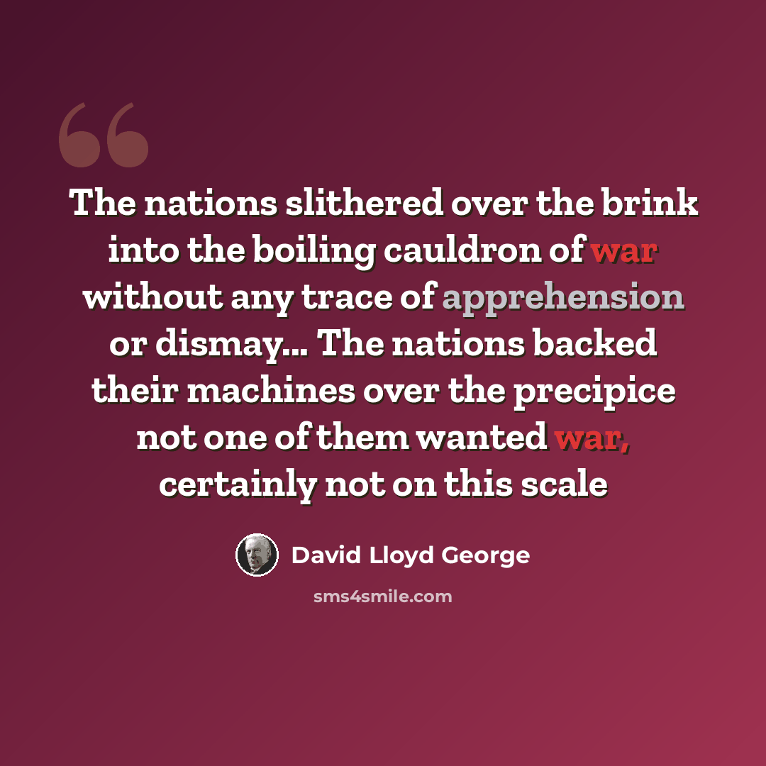 “The nations slithered over the brink into the boiling cauldron of war without any trace of apprehension or dismay... The nations backed their machines over the precipice not one of them wanted war, certainly not on this scale” quote by David Lloyd George