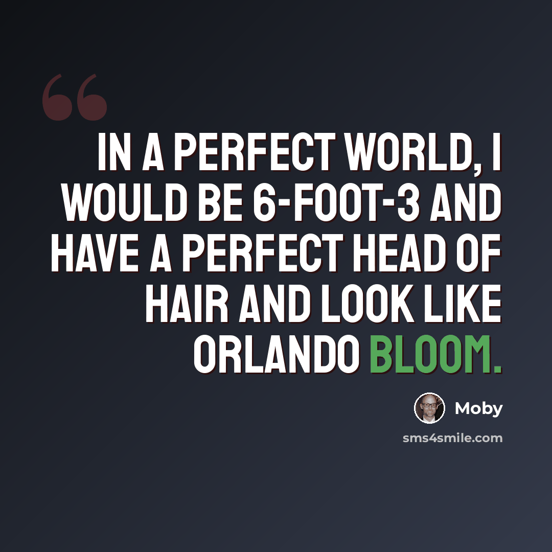 “In a perfect world, I would be 6-foot-3 and have a perfect head of hair and look like Orlando Bloom.” quote by Moby
