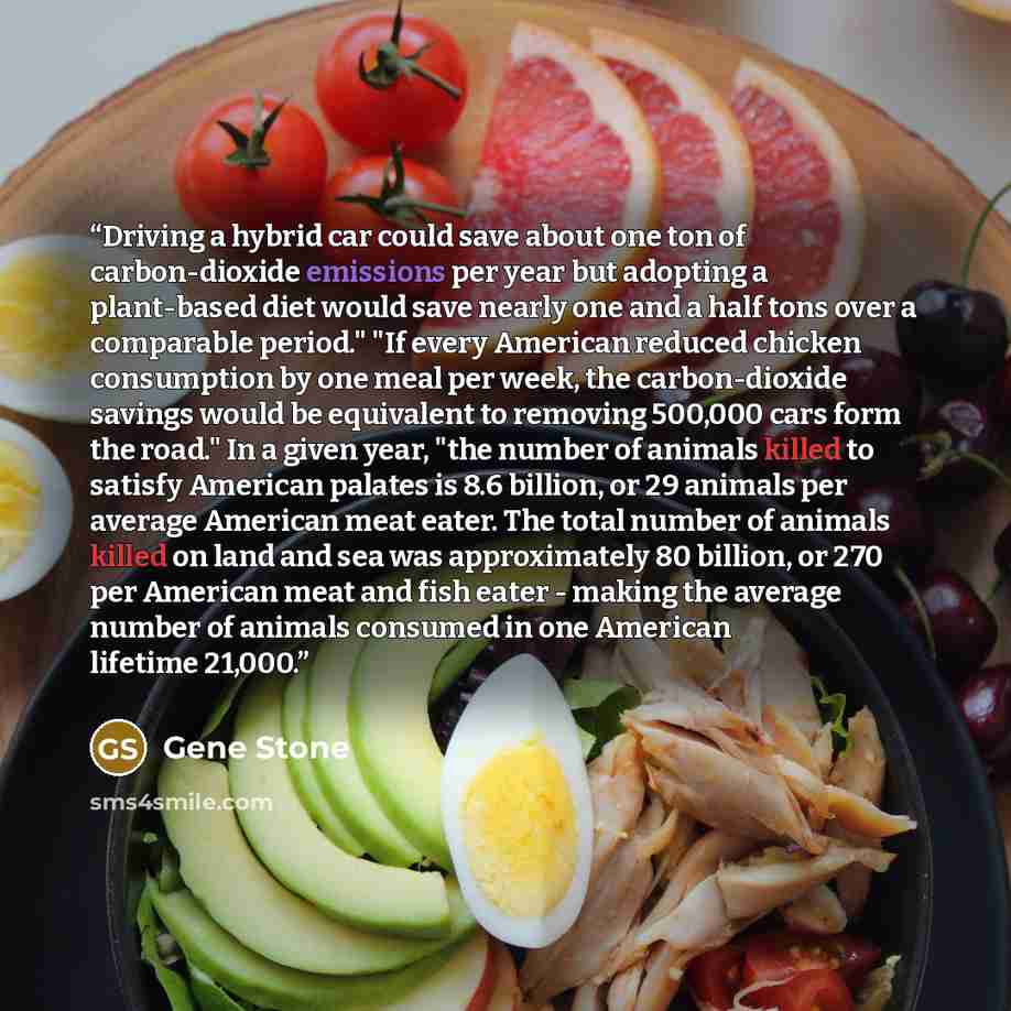 “Driving a hybrid car could save about one ton of carbon-dioxide emissions per year but adopting a plant-based diet would save nearly one and a half tons over a comparable period." "If every American reduced chicken consumption by one meal per week, the carbon-dioxide savings would be equivalent to…” quote by Gene Stone
