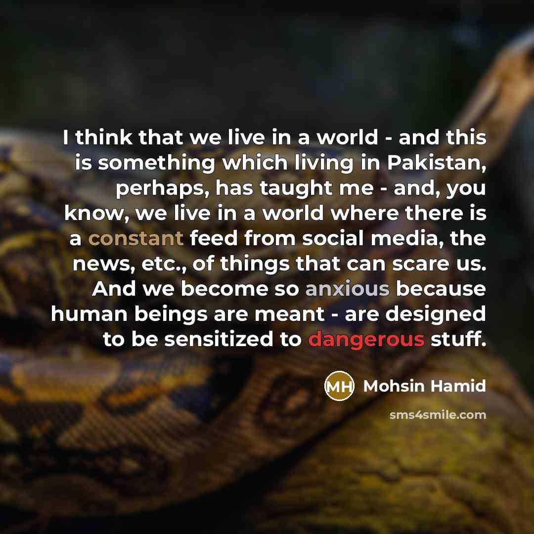 “I think that we live in a world - and this is something which living in Pakistan, perhaps, has taught me - and, you know, we live in a world where there is a constant feed from social media, the news, etc., of things that can scare us. And we become so anxious because human beings are meant - are…” quote by Mohsin Hamid