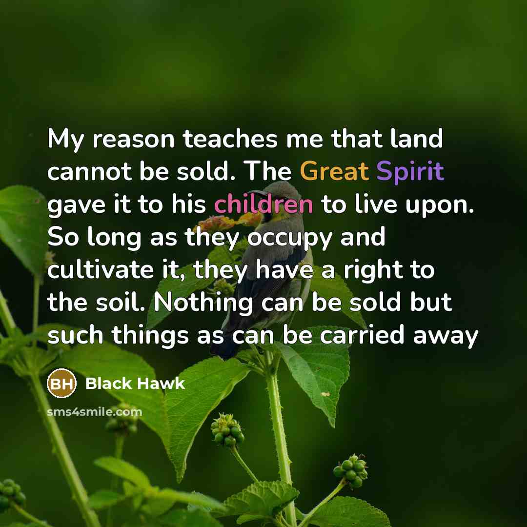 “My reason teaches me that land cannot be sold. The Great Spirit gave it to his children to live upon. So long as they occupy and cultivate it, they have a right to the soil. Nothing can be sold but such things as can be carried away” quote by Black Hawk