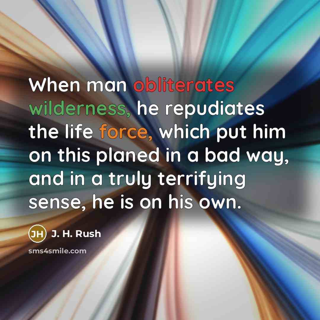 “When man obliterates wilderness, he repudiates the life force, which put him on this planed in a bad way, and in a truly terrifying sense, he is on his own.” quote by J. H. Rush