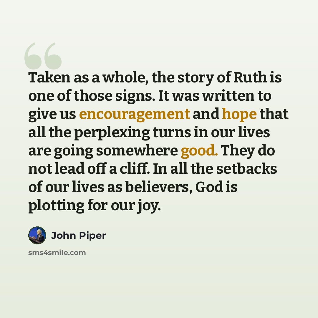 “Taken as a whole, the story of Ruth is one of those signs. It was written to give us encouragement and hope that all the perplexing turns in our lives are going somewhere good. They do not lead off a cliff. In all the setbacks of our lives as believers, God is plotting for our joy.” quote by John Piper