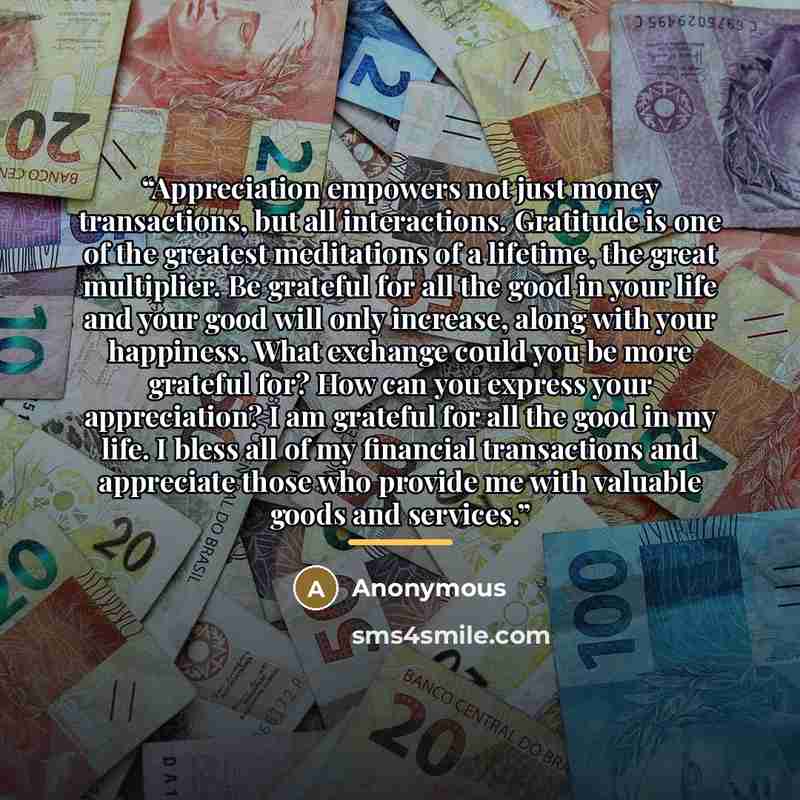 “Appreciation empowers not just money transactions, but all interactions. Gratitude is one of the greatest meditations of a lifetime, the great multiplier. Be grateful for all the good in your life and your good will only increase, along with your happiness. What exchange could you be more grateful…” quote by Anonymous