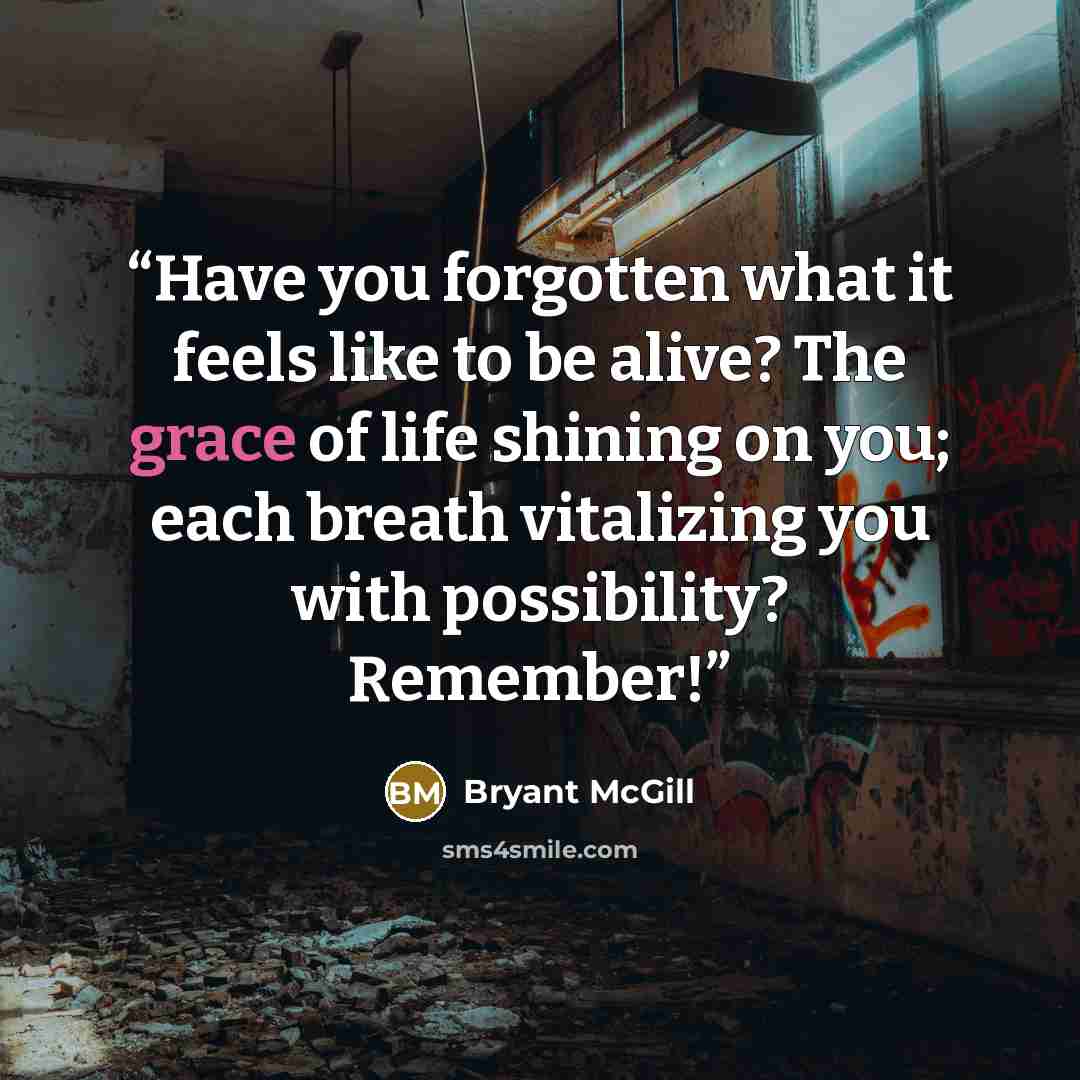 “Have you forgotten what it feels like to be alive? The grace of life shining on you; each breath vitalizing you with possibility? Remember!” quote by Bryant McGill