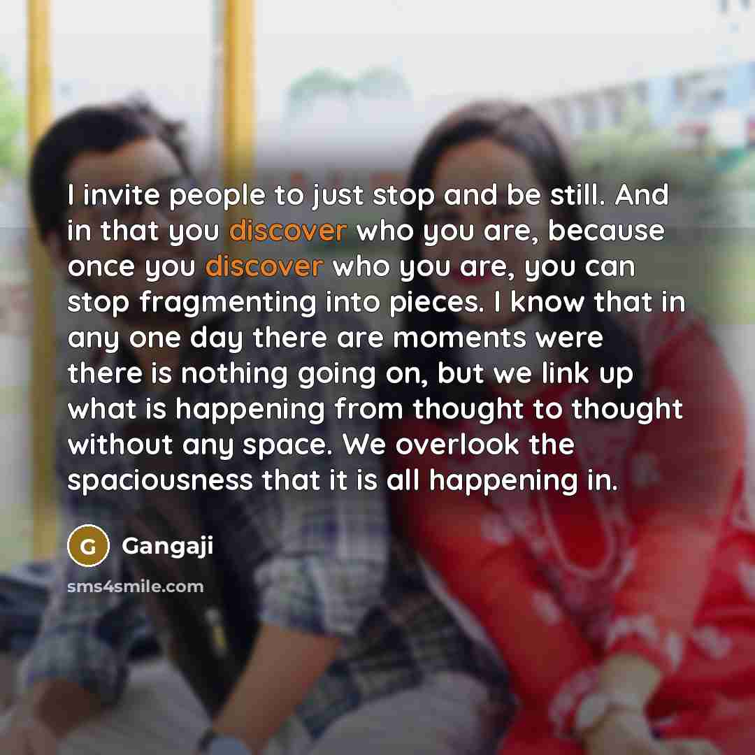 “I invite people to just stop and be still. And in that you discover who you are, because once you discover who you are, you can stop fragmenting into pieces. I know that in any one day there are moments were there is nothing going on, but we link up what is happening from thought to thought…” quote by Gangaji