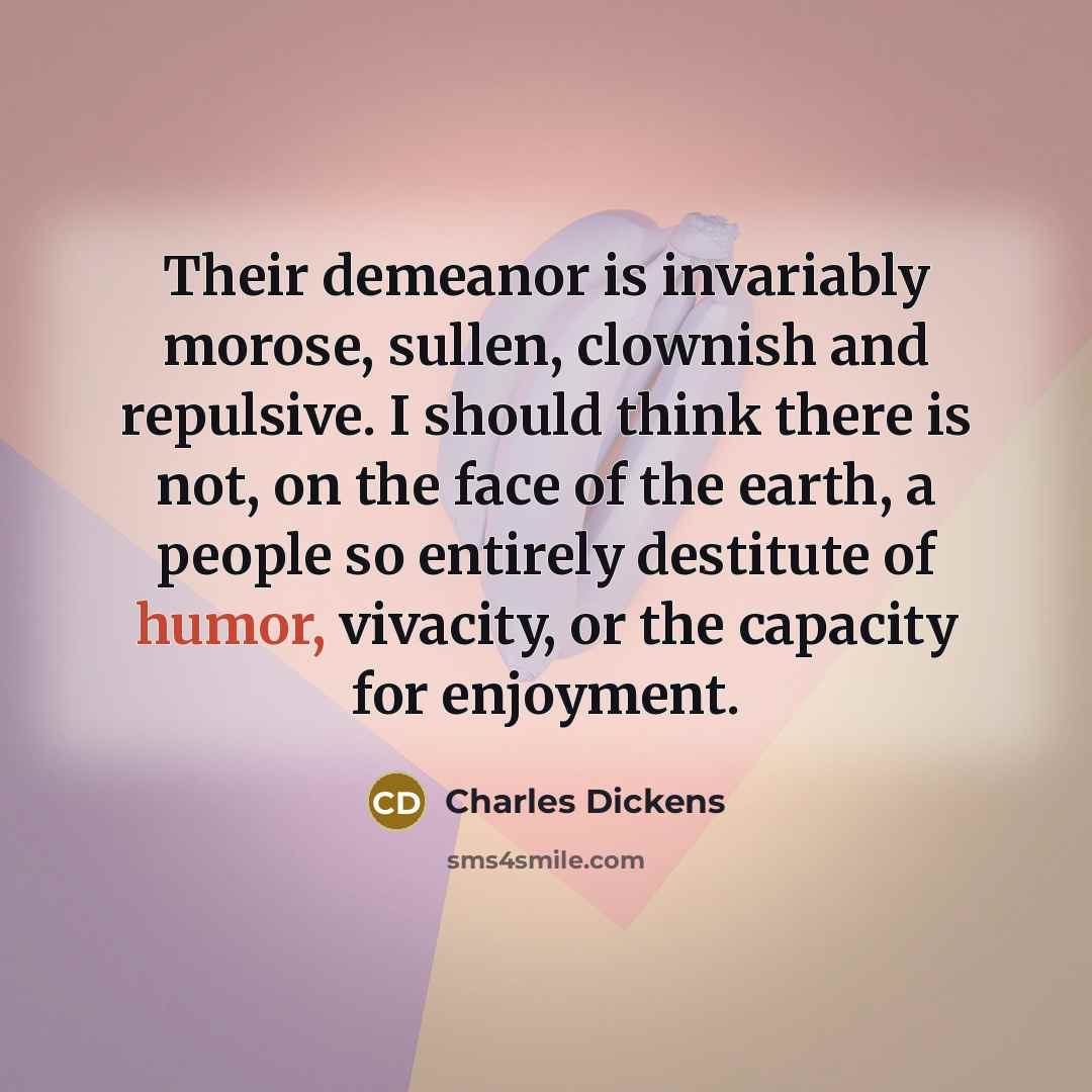 “Their demeanor is invariably morose, sullen, clownish and repulsive. I should think there is not, on the face of the earth, a people so entirely destitute of humor, vivacity, or the capacity for enjoyment.” quote by Charles Dickens