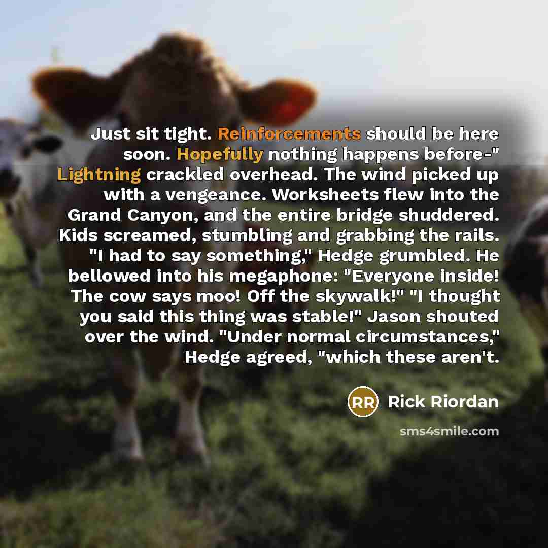 “Just sit tight. Reinforcements should be here soon. Hopefully nothing happens before-" Lightning crackled overhead. The wind picked up with a vengeance. Worksheets flew into the Grand Canyon, and the entire bridge shuddered. Kids screamed, stumbling and grabbing the rails. "I had to say…” quote by Rick Riordan
